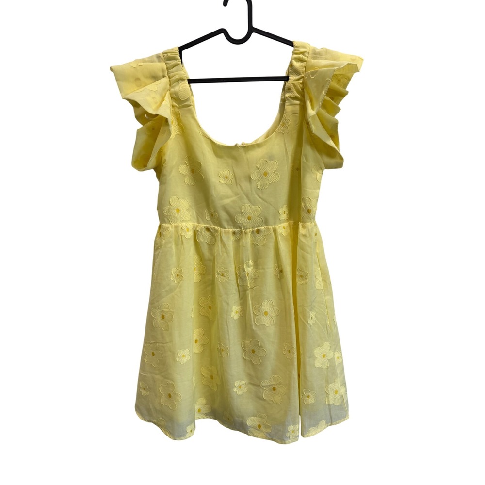 New In Yellow Floral Embroidered Ruffle Sleeve Mini Dress - L